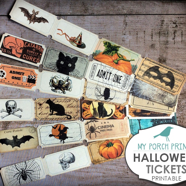 Halloween Tickets, Printable Ephemera, Junk Journal Kit, Collage Sheet, Paper, Vintage, Ticket, Cards, Embellishment, Scrapbook, Download