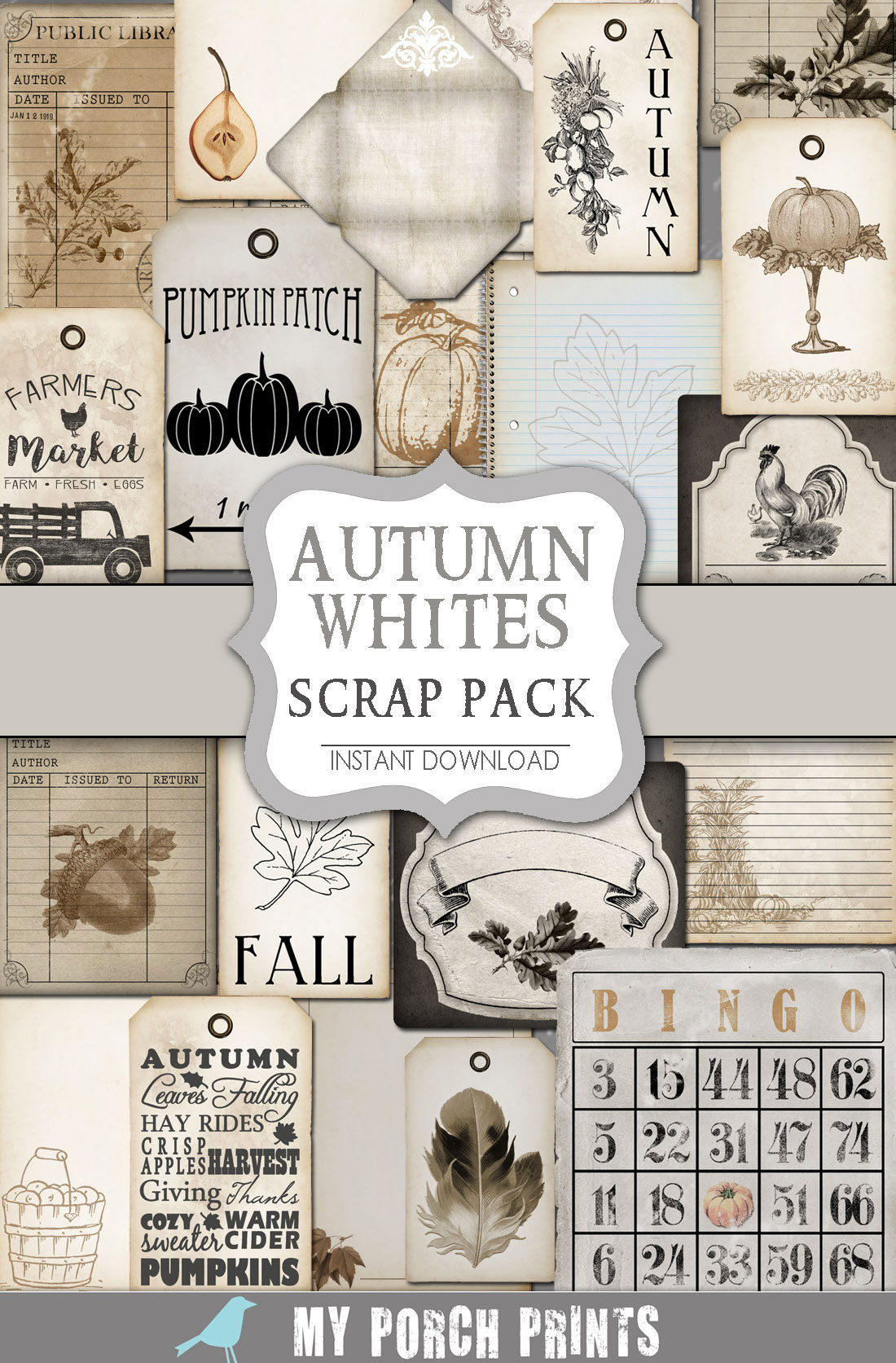 Fall, Junk Journal, Kit, Autumn, White, Scrap Pack, Junk Journal ...