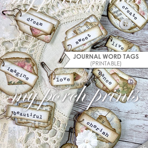 Junk Journal, Kit, Journal Word Tags, Junk Journal Embellishment, Ephemera, My Porch Prints Store, Printable, Word Tags, Digital Download