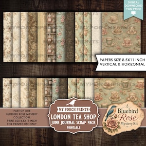 May include: A digital download scrap pack featuring 8.5x11 inch papers with vintage tea shop themes, floral patterns, and teacup illustrations. The collection includes various textures and designs, labeled as the Bluebird Rose Mystery Kit.