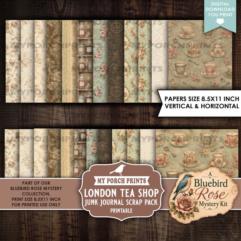 May include: A digital download scrap pack featuring 8.5x11 inch papers with vintage tea shop themes, floral patterns, and teacup illustrations. The collection includes various textures and designs, labeled as the Bluebird Rose Mystery Kit.