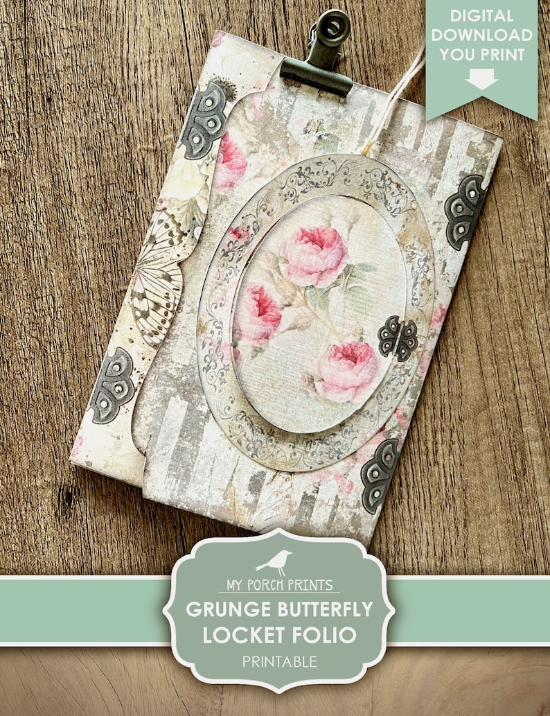 Skräpjournal, Folio, Fjäril, Shabby, Grunge, Vintage, Mapp, Rosa, Medaljong, Min veranda-utskrifter, Insats, Digitalt kit, Nedladdning, Utskrivbar bild 5