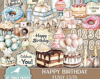 May include: A set of printable digital fussy cut images for a birthday party. The images include a cake, cupcakes, donuts, balloons, presents, a camera, and the words "Happy Birthday".