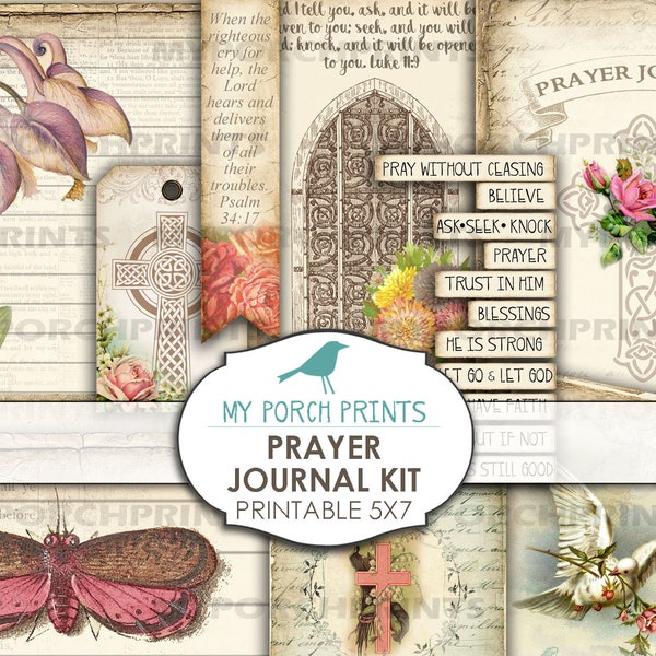 Prayer Faith Junk Journal Kit, 5x7, Christian, Book, Vintage, Printable Ephemera, Collage Sheet, Digital, Download, Card, Paper, Bible Verse
