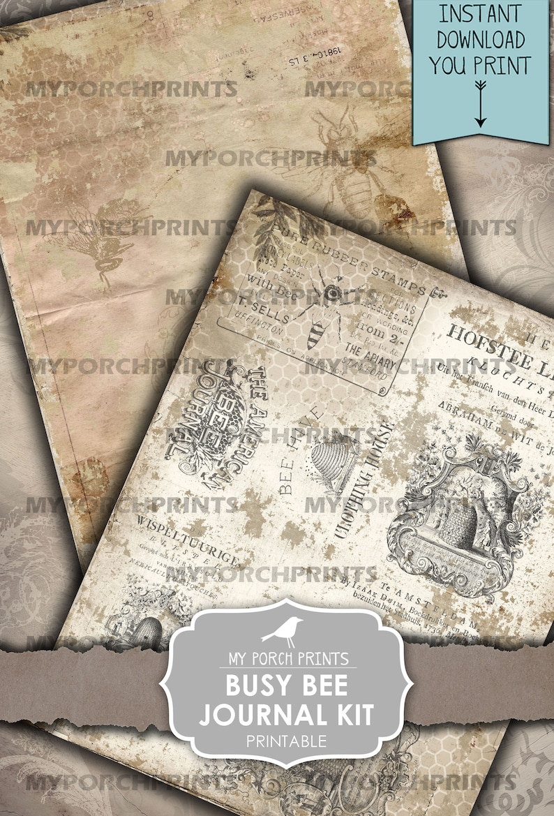 May include: A printable journal kit with a vintage aesthetic featuring a busy bee theme. The kit includes images of bees, honeycombs, and old-fashioned text. The text includes "The American Bee Journal" and "Bee Have Clothing House".
