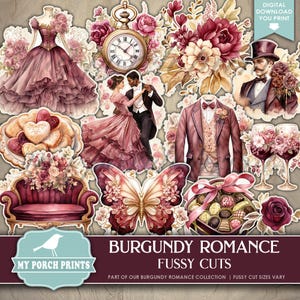 Burgundy Romance FUSSY CUTS, Junk Journal, Valentine's Day, Red, Purple, Pink, Planner, Cricut, My Porch Prints, Printable Digital Download