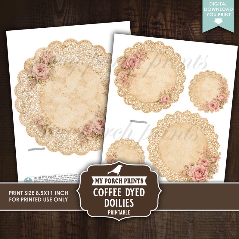 Puede incluir: Una hoja de descarga digital con tapetes te&ntilde;idos de caf&eacute; que presentan bordes de encaje intrincados e ilustraciones de rosas rosadas suaves. La p&aacute;gina imprimible incluye varios dise&ntilde;os circulares sobre un fondo beige texturizado.