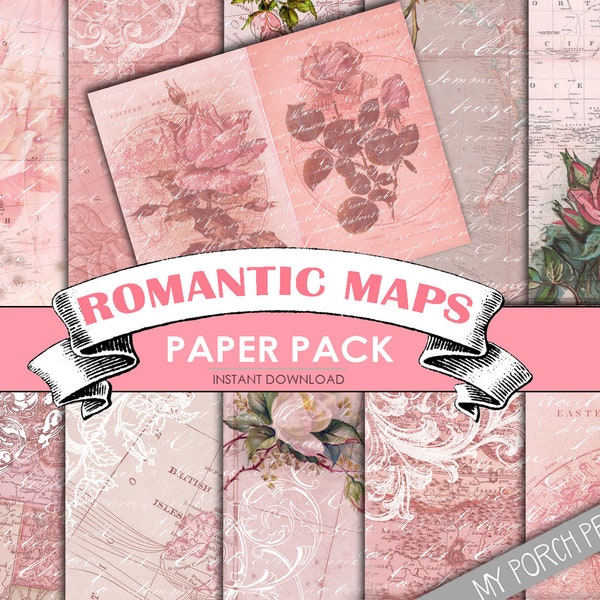 Junk Journal, Maps, Shabby, Pink, Romantic Maps, Printable Paper, Valentine's Day, Rose, Floral, My Porch Prints, Vintage, Digital, Download