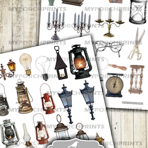 Puede incluir: Un conjunto de im&aacute;genes imprimibles con objetos vintage, incluyendo linternas, candelabros, balanzas y un reloj de arena. Las im&aacute;genes est&aacute;n recortadas y listas para ser usadas en proyectos de manualidades.