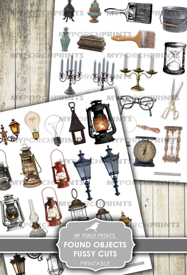 Puede incluir: Un conjunto de im&aacute;genes imprimibles con objetos vintage, incluyendo linternas, candelabros, balanzas y un reloj de arena. Las im&aacute;genes est&aacute;n recortadas y listas para ser usadas en proyectos de manualidades.