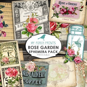Pack d'éphémères roses Garden, éphémères de journal indésirable, carte postale, feuille de collage, téléchargement, ATC, numérique, kit de journal indésirable, étiquette, vintage, imprimable
