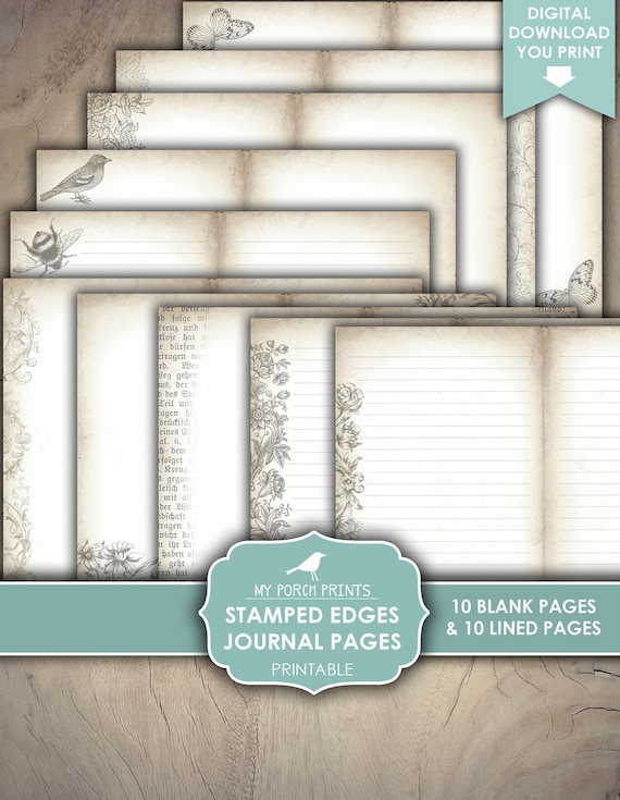 Junk Journal, Stamped Edges, Journal Pages, Plain, Blank, Lined, Ruled, Vintage, Neutral, My Porch Prints, Printable, Digital Download