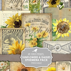 Ephemera del diario spazzatura, pacchetto di ephemera Girasoli e margherite, stampe My Porch, cartolina, etichetta, download digitale, kit diario spazzatura, stampabile