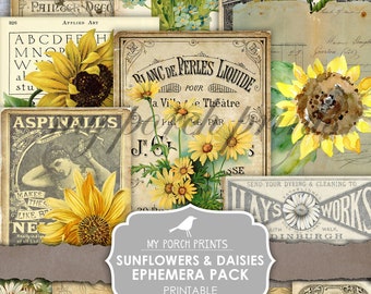 Junk Journal Ephemera, Sunflowers & Daisies Ephemera Pack, My Porch Prints, Post Card, Tag, Digital Download, Junk Journal Kit, Printable