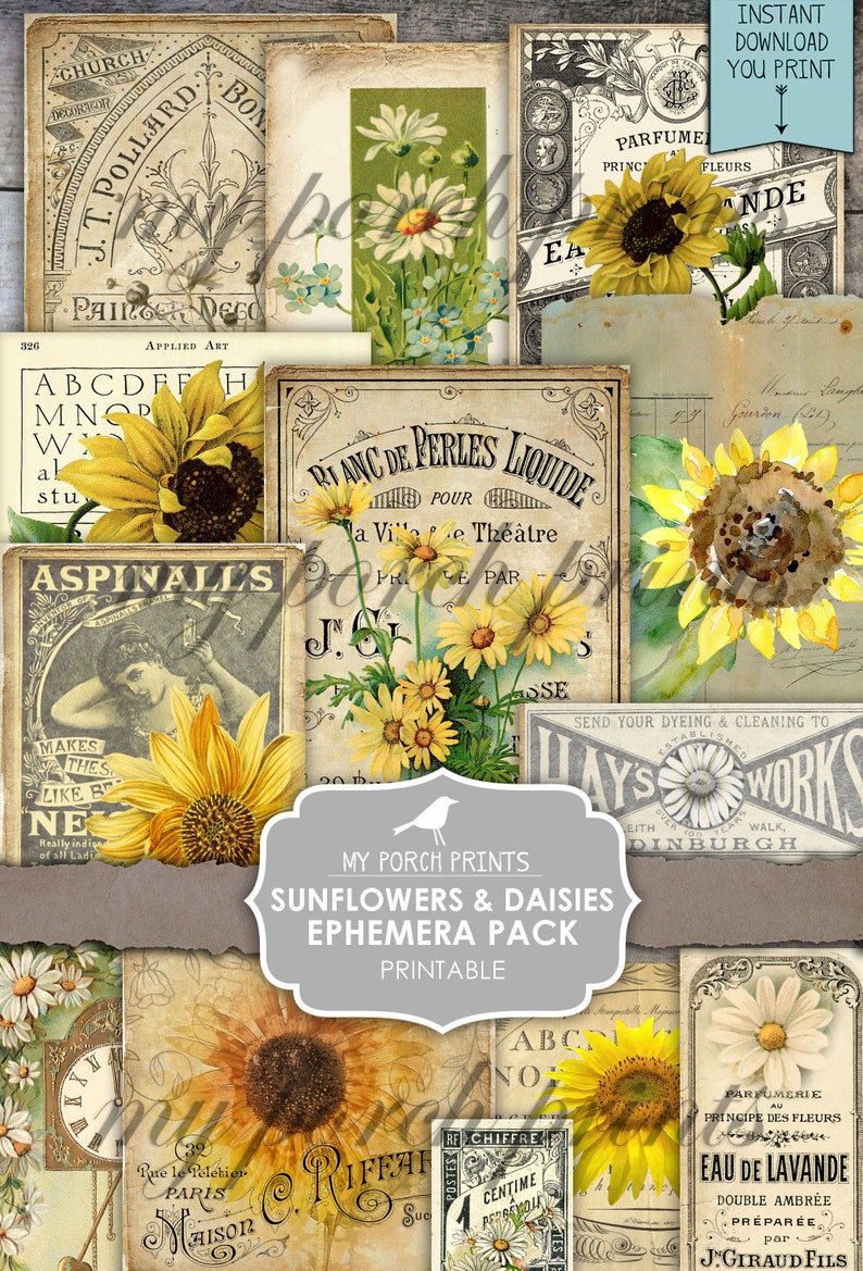 May include: A printable ephemera pack featuring sunflowers and daisies. The pack includes vintage-style images with text like "Blanc de Perles Liquide" and "Eau de Lavande".