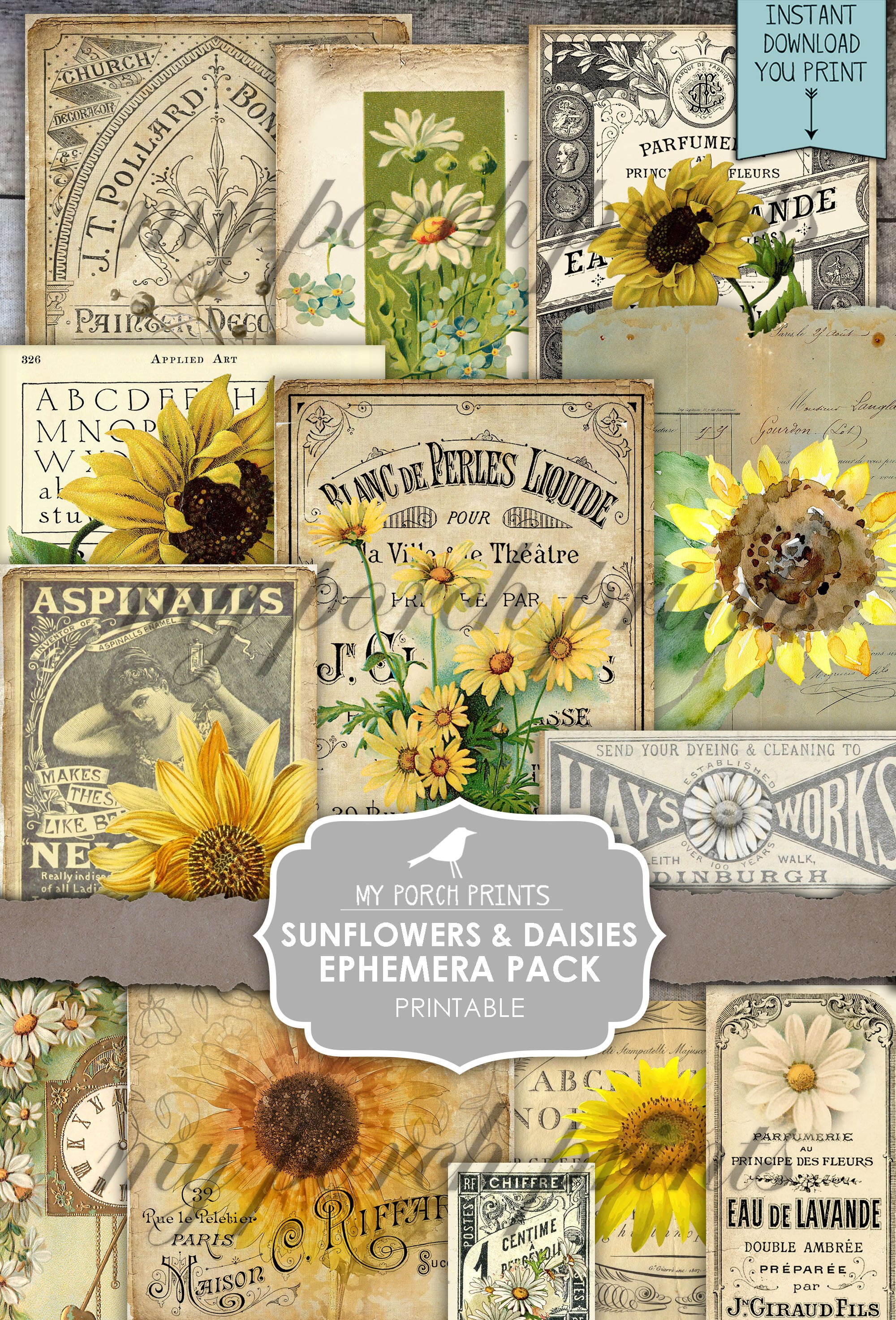 Junk Journal Ephemera, Sunflowers & Daisies Ephemera Pack, My Porch Prints, Post Card, Tag, Digital Download, Junk Journal Kit, Printable