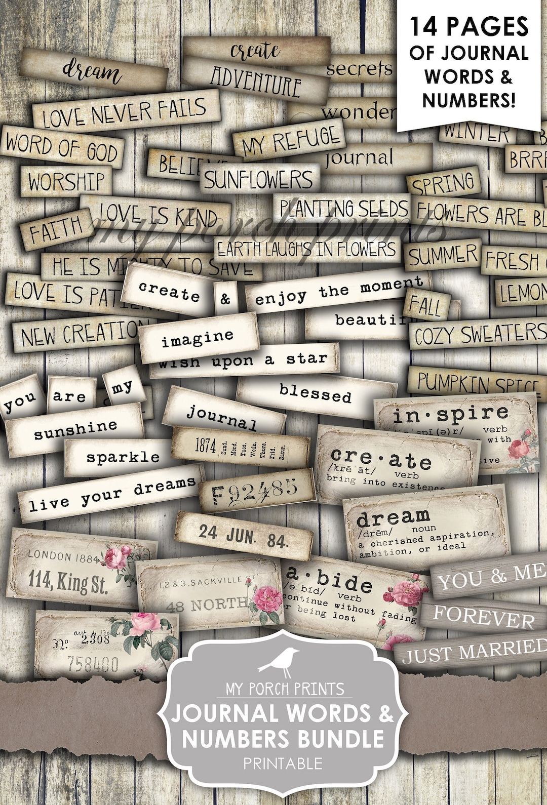 Junk Journal Journal Words Bundle Definition Script Numbers