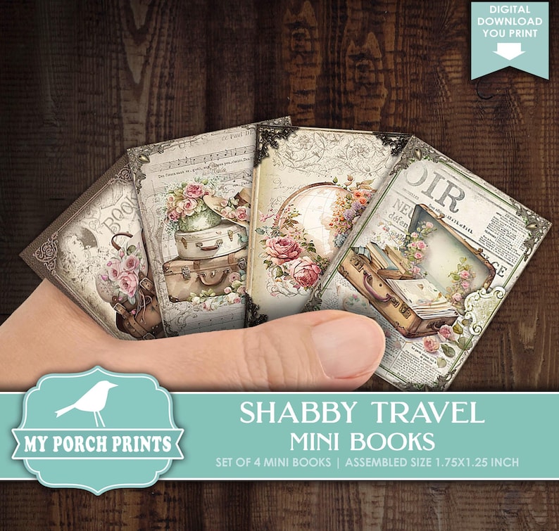 Shabby Travel Mini Books, Junk Journal, Vacation, Miniature, Book, Road Trip, Holiday, Suitcase, My Porch Prints Printable Digital Download image 1
