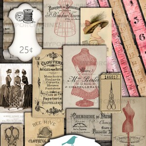 Pode incluir: Um pacote de recortes digital com imagens vintage de costura e alfaiataria. O pacote inclui imagens de um manequim de costura, tesouras, uma colmeia e uma etiqueta de pre&ccedil;o vintage que diz "25&cent;". O pacote tamb&eacute;m inclui texto em franc&ecirc;s e ingl&ecirc;s.