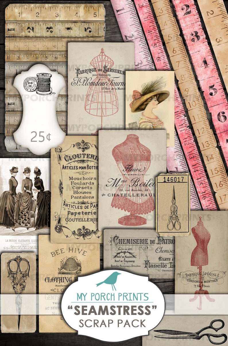 Pode incluir: Um pacote de recortes digital com imagens vintage de costura e alfaiataria. O pacote inclui imagens de um manequim de costura, tesouras, uma colmeia e uma etiqueta de pre&ccedil;o vintage que diz "25&cent;". O pacote tamb&eacute;m inclui texto em franc&ecirc;s e ingl&ecirc;s.