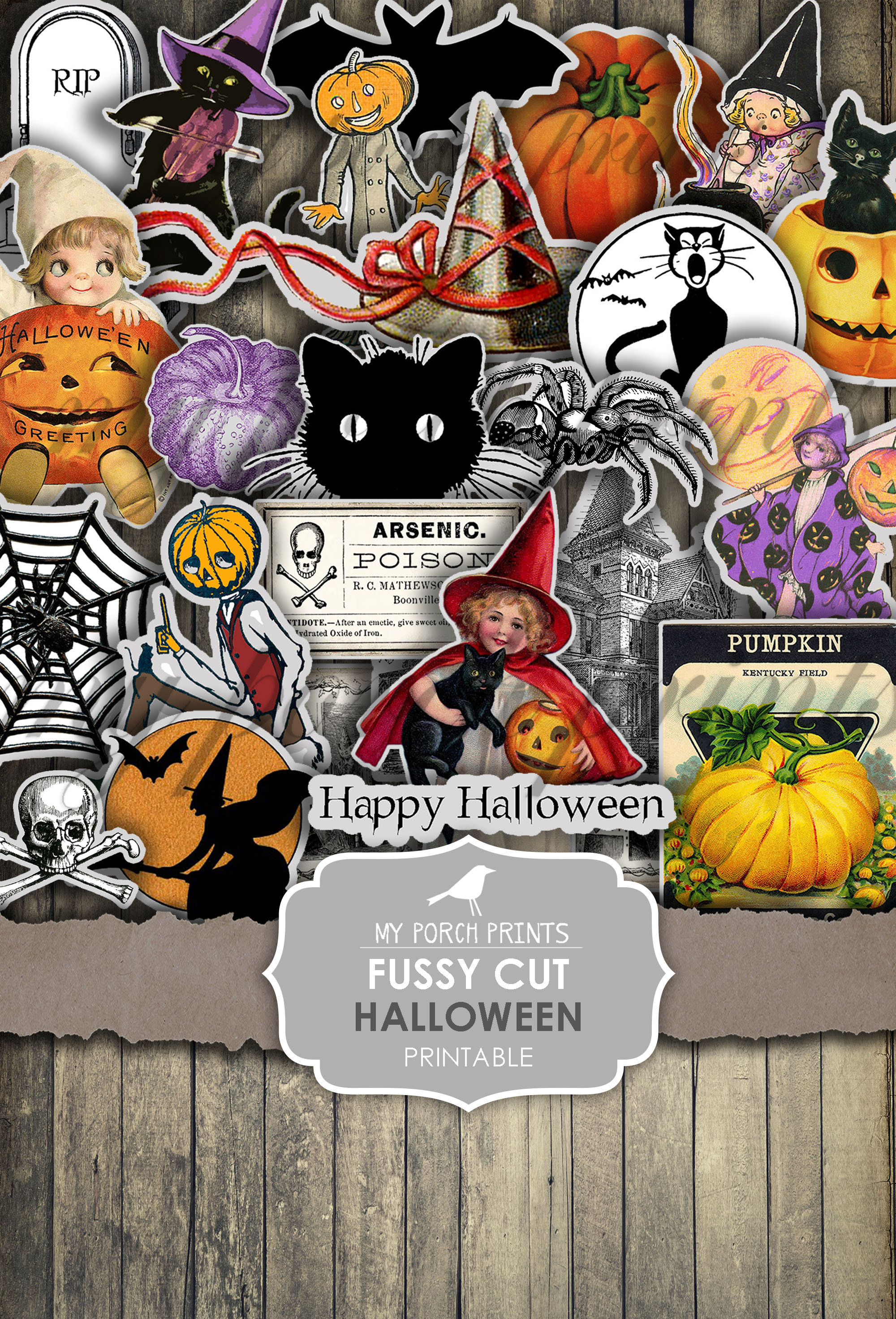 Junk Journal Kit, Fussy Cut, Halloween, Pumpkin, Witch, Black Cat, Scan n cut, Printable, Cricut, Sticker, My Porch Prints, Digital Download