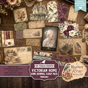 May include: A collection of printable ephemera including a Victorian house illustration, vintage postcards, floral tags, a portrait of an elderly person, and train tickets. The set features a bluebird and rose theme with text reading My Porch Prints.