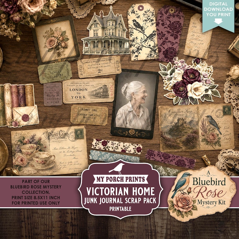 May include: A collection of printable ephemera including a Victorian house illustration, vintage postcards, floral tags, a portrait of an elderly person, and train tickets. The set features a bluebird and rose theme with text reading My Porch Prints.