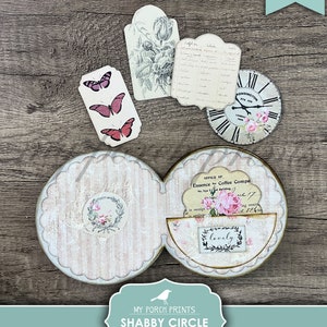 May include: Printable shabby chic circle journal kit with a pink and white floral design. The kit includes a circle journal, a clock, a tag, and a butterfly.