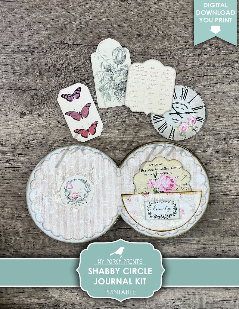 May include: Printable shabby chic circle journal kit with a pink and white floral design. The kit includes a circle journal, a clock, a tag, and a butterfly.