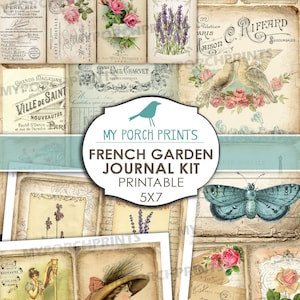 May include: A printable French garden journal kit with 10 vintage-style images. The images feature flowers, birds, butterflies, and text in French. The kit is perfect for scrapbooking, journaling, and other creative projects.
