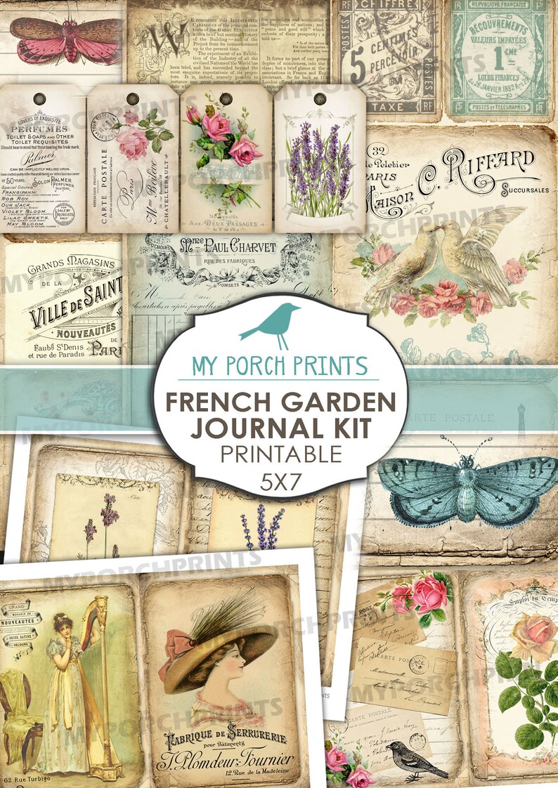 May include: A printable French garden journal kit with 10 vintage-style images. The images feature flowers, birds, butterflies, and text in French. The kit is perfect for scrapbooking, journaling, and other creative projects.