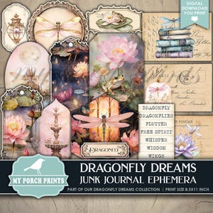 Dragonfly Dreams EPHEMERA, Junk Journal Forest Fantasy Enchanted Kit Water Lilies Lily Tags Magic My Porch Prints Printable Digital Download