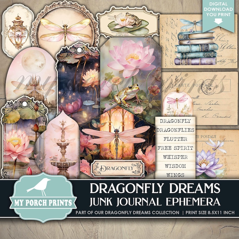 May include: A set of printable digital papers featuring a dragonfly theme. The papers include images of dragonflies, flowers, frogs, and other nature-inspired elements. The papers are designed for use in junk journals, scrapbooking, and other paper crafts. The papers are 8.5 x 11 inches.