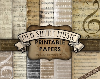 Old Sheet Music, Printable paper, junk journal, 8.5 x 11, neutral, ephemera, scrapbooking, grunge, coffee stain, vintage, digital download