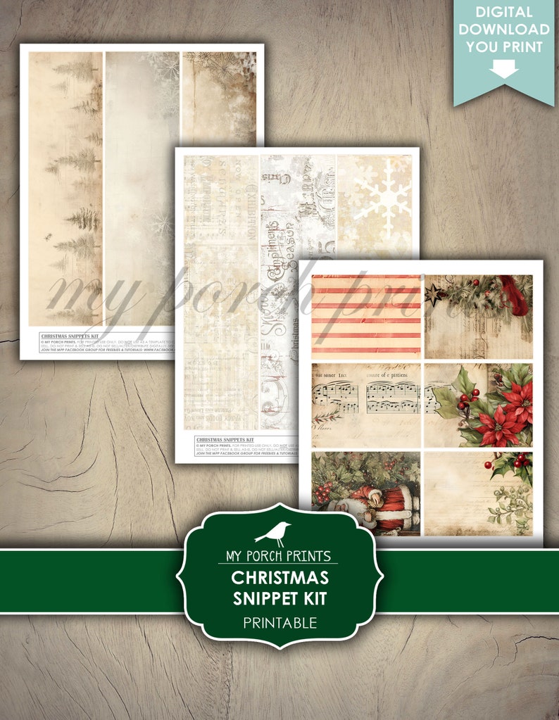Pu&ograve; includere: Kit di carta digitale natalizia stampabile con un'estetica vintage. Il kit include immagini di alberi, note musicali, fiocchi di neve e Babbo Natale. Il testo "My Porch Prints Christmas Snippet Kit Printable" &egrave; visualizzato su uno stendardo verde.