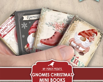Mini Books, Gnomes, Christmas, Junk Journal, Book, Ornament, Kids, Gift, Miniature, Red, Green, My Porch Prints, Printable, Digital Download