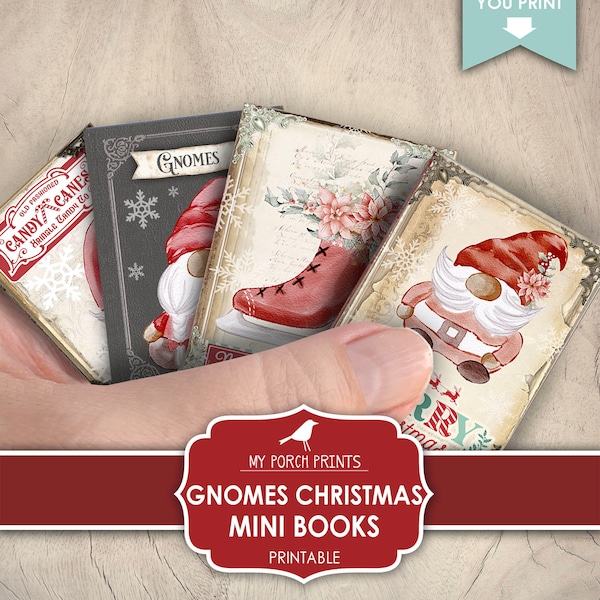 Mini Books, Gnomes, Christmas, Junk Journal, Book, Ornament, Kids, Gift, Miniature, Red, Green, My Porch Prints, Printable, Digital Download