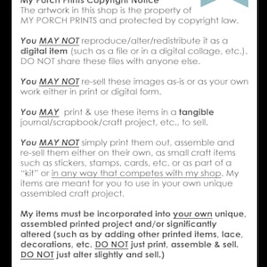 K&ouml;nnte beinhalten: Ein blaues und wei&szlig;es Schild mit dem Text "TERMS OF USE" und "My Porch Prints Copyright Notice". Das Schild listet die Nutzungsbedingungen f&uuml;r digitale Kunstwerke auf, einschlie&szlig;lich Einschr&auml;nkungen hinsichtlich Reproduktion, &Auml;nderung und Weiterverbreitung. Das Schild enth&auml;lt auch ein Copyright-Symbol.