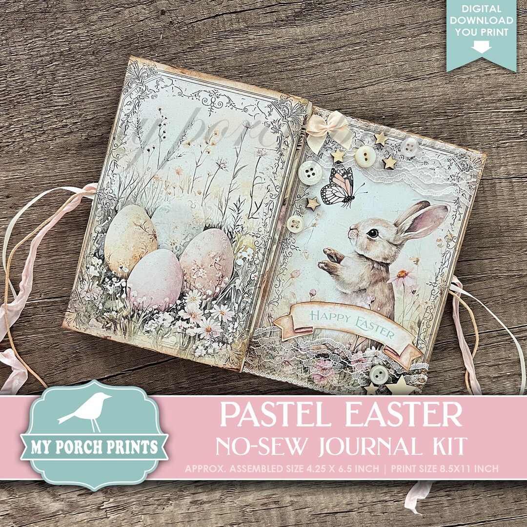 Pastel Easter No-sew Junk Journal Kit, Gift Idea Spring Kids Girl Bunny ...