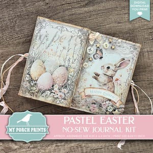Pastel Easter No-Sew Junk Journal Kit, Gift Idea Spring Kids Girl Bunny Basket Flowers My First My Porch Prints Printable Digital Download