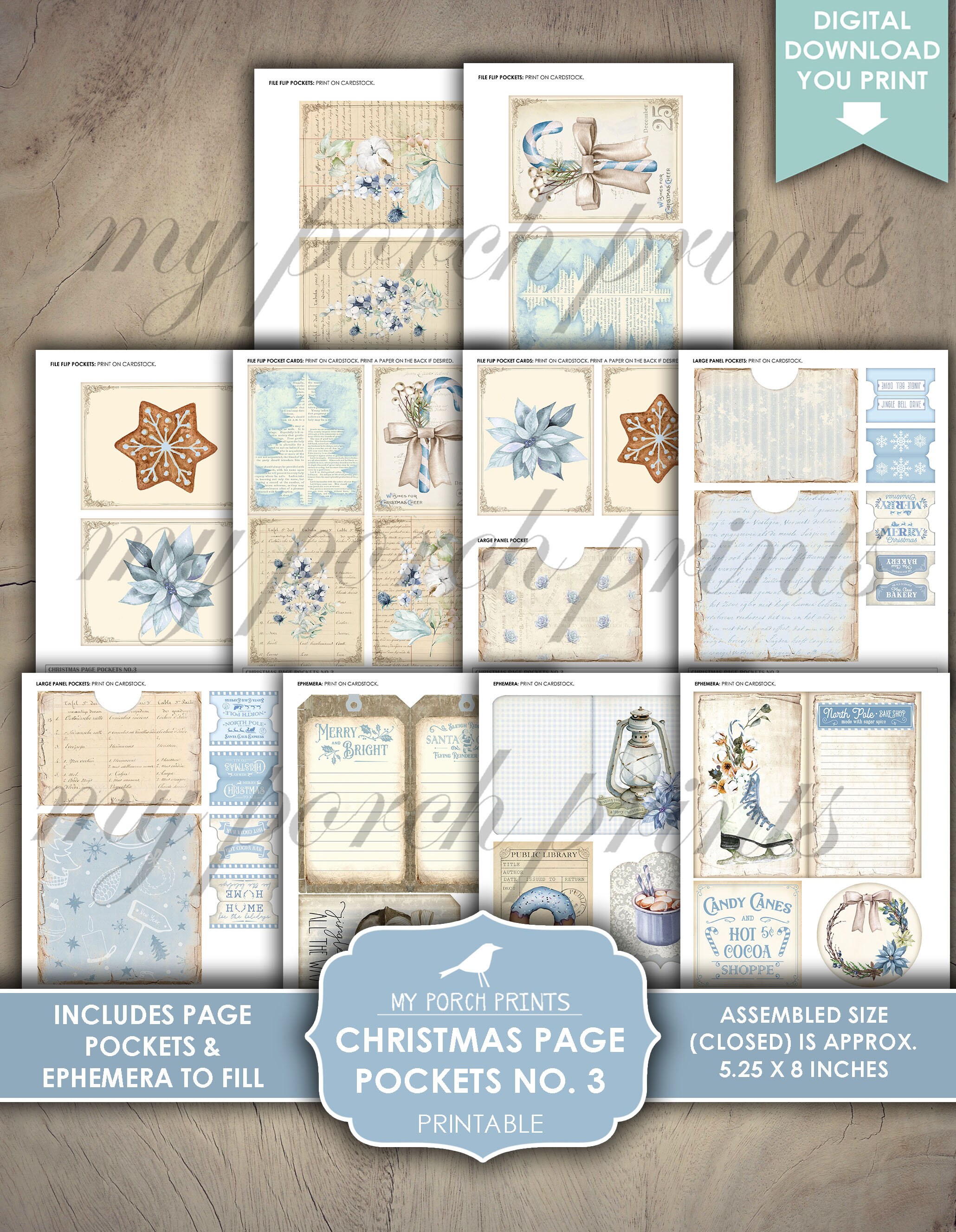 Christmas Page Pockets No. 3, Blue Folio Pocket Junk Journal Kit ...
