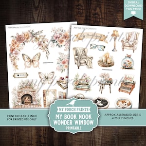Peut inclure: Deux feuilles imprimables avec des illustrations &agrave; l'aquarelle. L'une pr&eacute;sente des papillons, des fleurs, des livres et une chemin&eacute;e. L'autre comprend des fauteuils, des bougies, une machine &agrave; &eacute;crire et un chat. Le texte indique "My Book Nook Wonder Window Printable."
