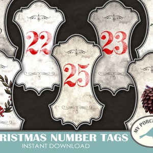 Kerst Tags, Kerstmis aftellen, December dagelijkse nummers, Advent, vintage, cadeau tag, Plakboek, junk journal, afdrukbaar, versiering