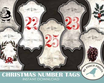 May include: Set of six vintage-style Christmas number tags with red numbers on a white background. The tags feature various Christmas-themed illustrations, including a wreath, holly, a pine cone, and a Santa Claus.