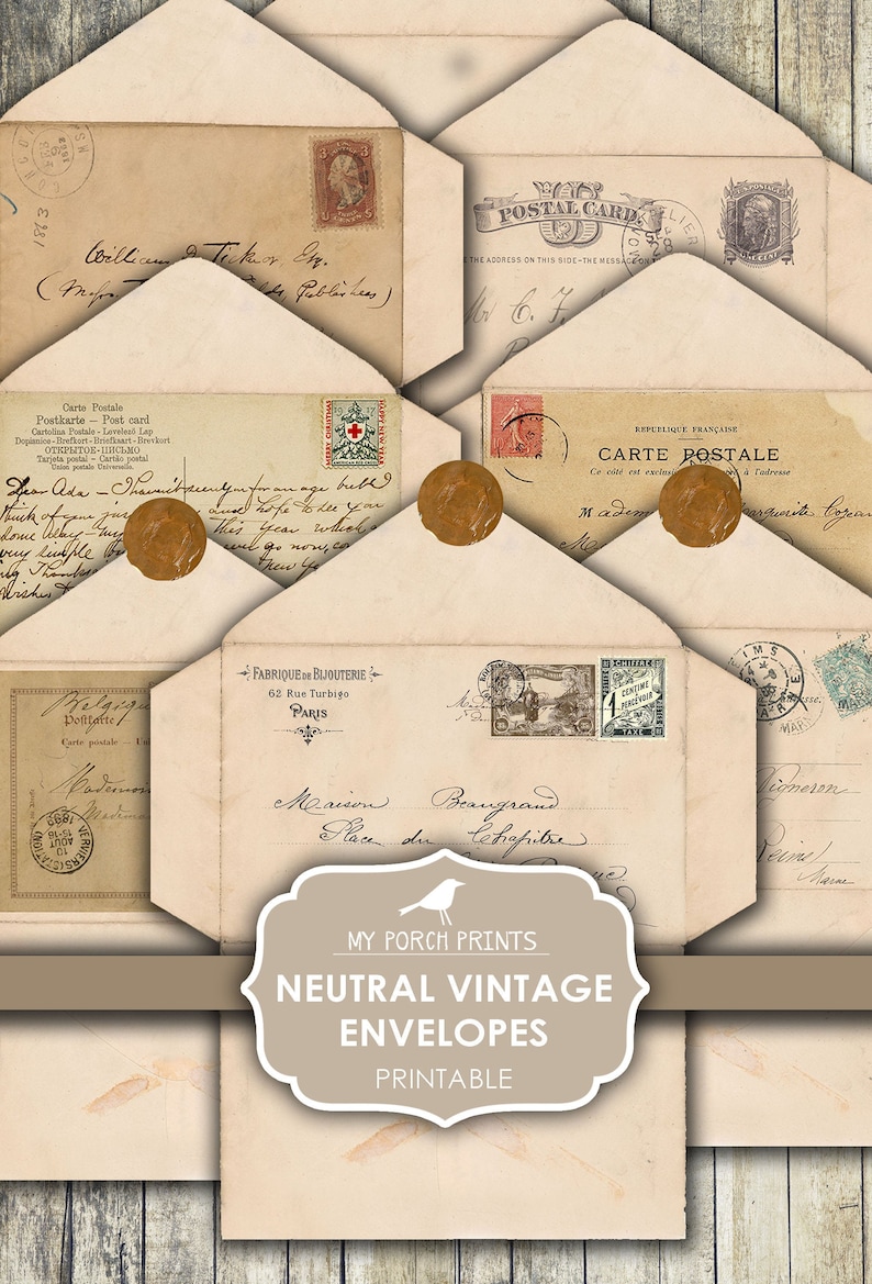 May include: A collection of vintage envelopes with neutral colors and handwritten text. The envelopes have various stamps and seals. The text on the envelopes includes "Carte Postale", "Postkarte", "Post card", "Cartolina Postale", "Leveles Lap", "Doplanica", "Brefhart", "Briefkaart", "Breskort", "ОТКРЫТОЕ ПИСЬМО", "Year Ada", "harmtech", "Thick of our", "home Albay", "Tue", "wuy ludple", "Wishes", "bube", "you", "This year which", "ul go now, co", "REPUBLIQUE FRAN&Ccedil;AISE", "CARTE POSTALE", "Ce old eat exclu", "Madem", "Me", "Tadresse", "Welge", "Posttalte", "Carte postale", "Badamen", "FABRIQUE DE BIJOUTERIE", "62 Rue Turbigo", "PARIS", "Maison Beaugrand", "Place du Cehiafritre", "MAR", "Vidmeron", "Mar", "MY PORCH PRINTS", "NEUTRAL VINTAGE ENVELOPES", "PRINTABLE".