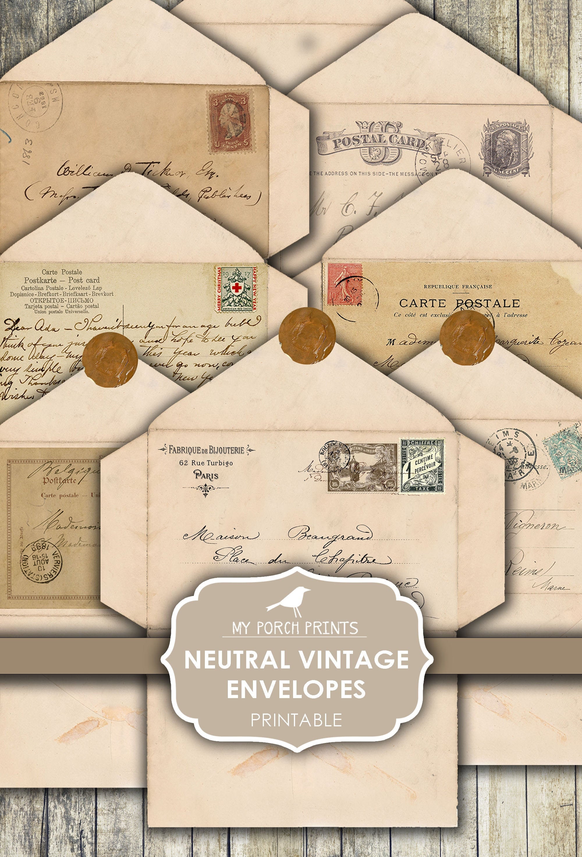 Envelopes, Neutral, Vintage, Junk Journal, Postcard, Letter, Blank, Brown, Scrapbook, My Porch Prints, Printable, Ephemera, Digital Download