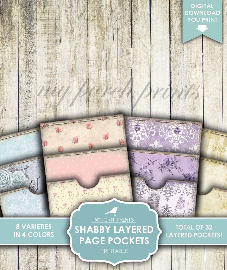 Shabby Layered Page Pockets for Junk Journal, Pink, Purple, Yellow ...