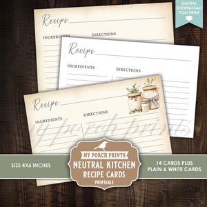May include: Recipe cards with a vintage aesthetic. The cards are cream-colored with lines for ingredients and directions. The image includes a stack of cards, with a decorative illustration of mason jars. The cards are 4x6 inches.