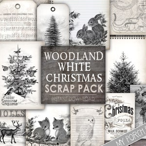 Woodland White Christmas Scrap Pack, Neutre, Animaux de la forêt, Junk Journal, Noir, Blanc, Décembre Quotidien, Papiers, Imprimable, My Porch Prints image 1