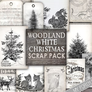 Woodland White Christmas Scrap Pack, Neutraal, Bosdieren, Junk Journal, Zwart, Wit, December Dagelijks, Papieren, Afdrukbaar, Mijn veranda wordt afgedrukt